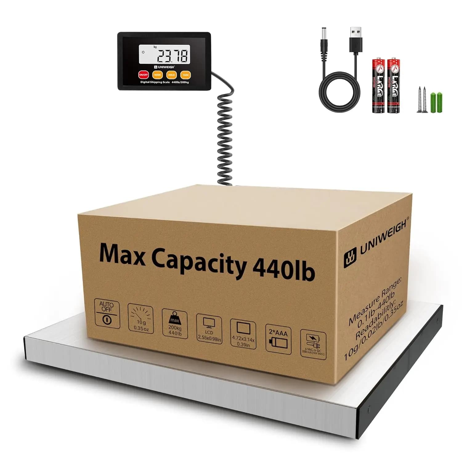 Bilancia Postale Digitale, Precisione 440 libbre x 10g, Piattaforma in Acciaio Inossidabile con Funzioni LCD/Hold/Tare per Pacchi e Bagagli