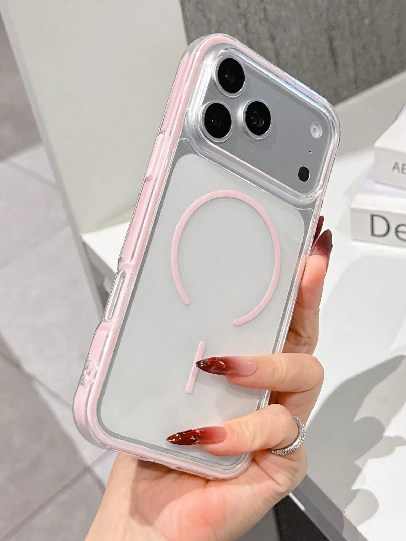 Transparent Soft TPU Phone Case with Pink Magnetic Ring and Shockproof Design for iPhone 11 to 17 Series