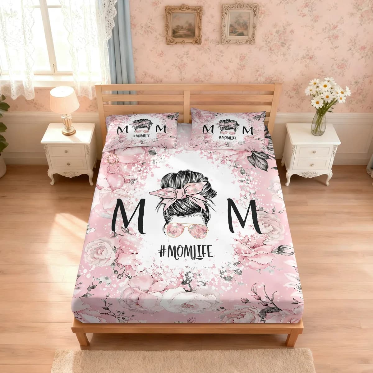Set di 3 Lenzuola Senza Cuciture con Stampa Floreale Rosa per la Festa della Mamma, Copriletto Multimisura, Decorazione per la Camera da Letto, Lavabile in Lavatrice