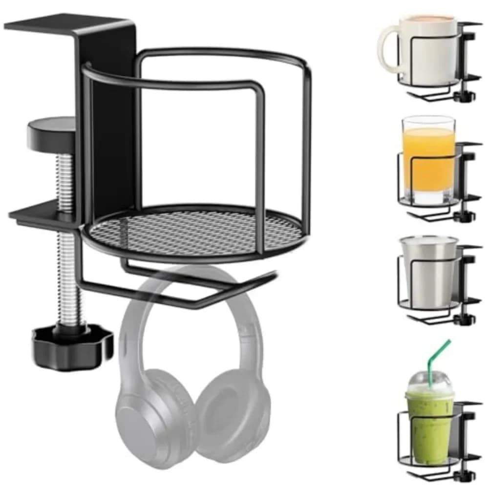 2-in-1 Adjustable Desk Cup Holder Anti-Spill Bottle Holder Clamp On Table Cup Hook Drinking Holder With Headphone Hanger Stand