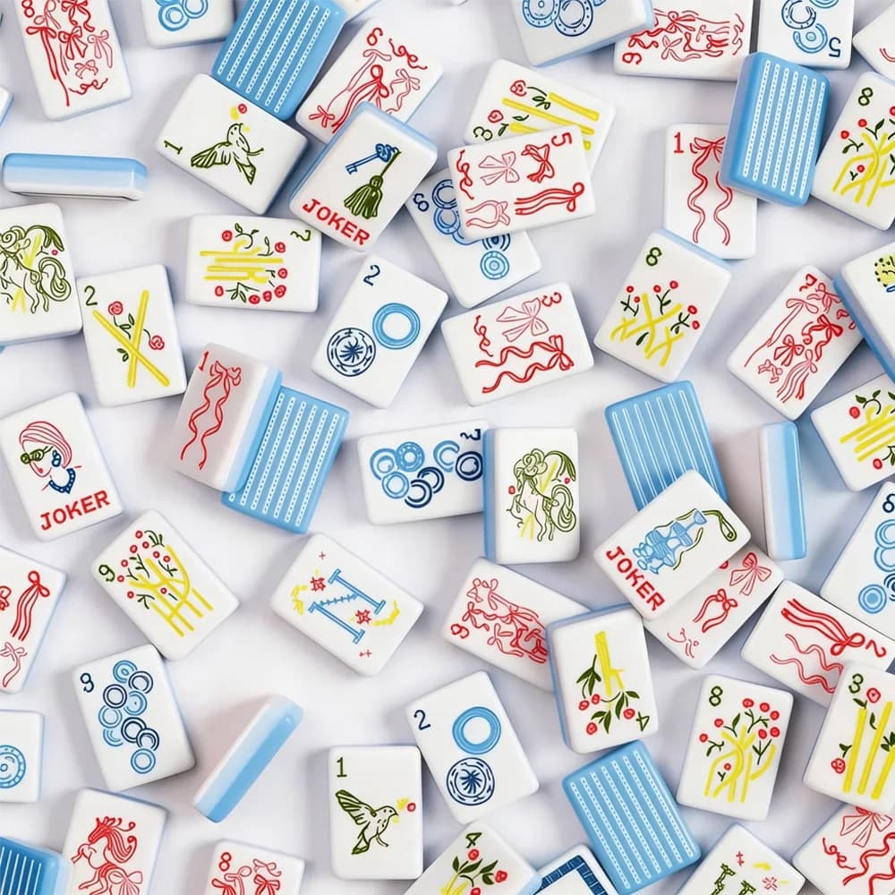 Set Mahjong in Acrilico a 4 Strati, 160 Tessere Americane con Motivo a Strisce Blu, Gioco da Tavolo Portatile per Regali e Feste
