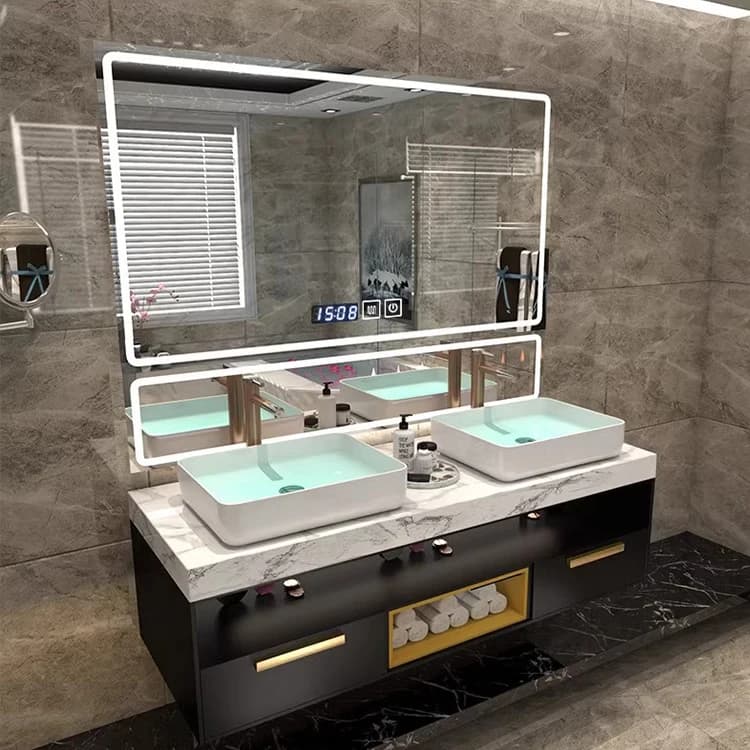 # Mobile Bagno di Lusso Moderno con Grande Specchio Retroilluminato a LED e Lavabo in Ceramica