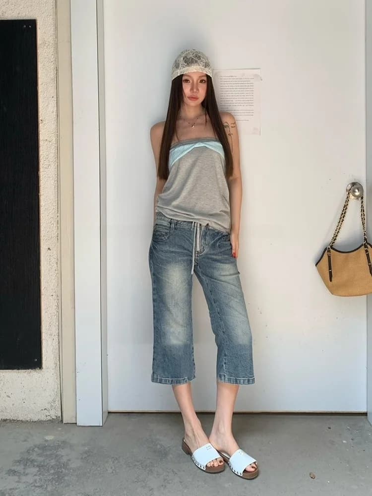 Jeans in denim lavato a vita media slim vintage da donna, modello a zampa, in cotone, nuova collezione primavera, stile Millennial Hot Girl