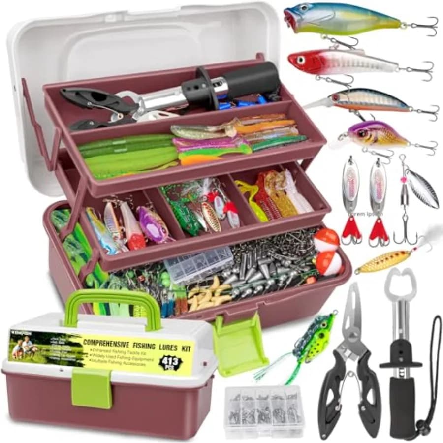 Kit di Esche per la Pesca, Set di Attrezzatura per la Pesca al Bass in Acqua Dolce con Scatola Porta Attrezzi e Accessori Inclusi, Esche Topwater, Swimbaits, Frog, Fsihin