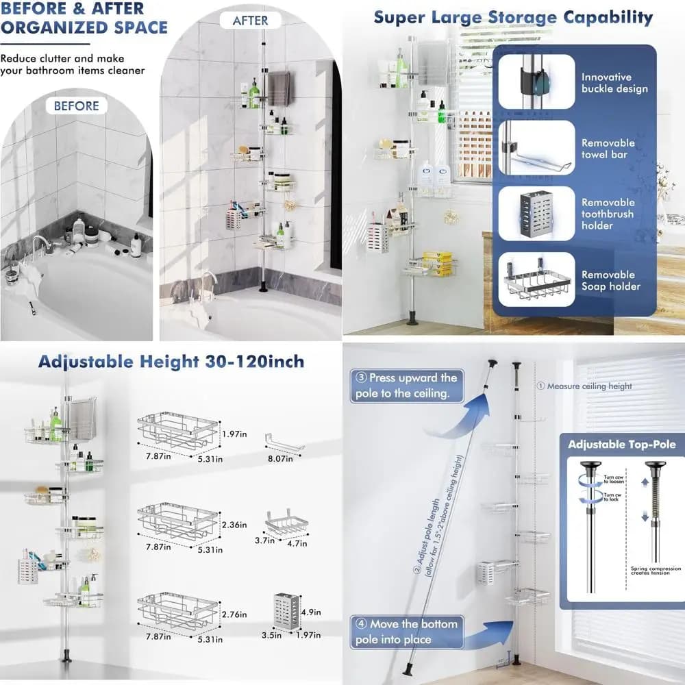 Portaoggetti da Doccia Regolabile con 6 Ripiani, Portasciugamani e Portaspazzolino - Acciaio Inossidabile Resistente alla Ruggine per Bagno