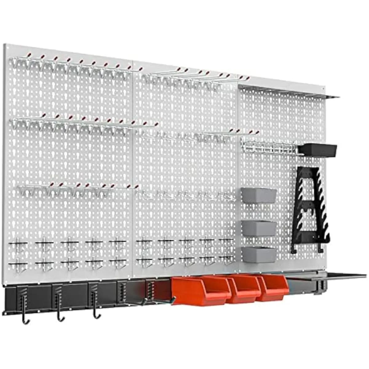 Metal Pegboard Wall Storage System 48 x 28 Inches with Rust-Resistant Powder Coating Includes 5 Heavy-Duty Hooks 3 Bins 1 Shelf