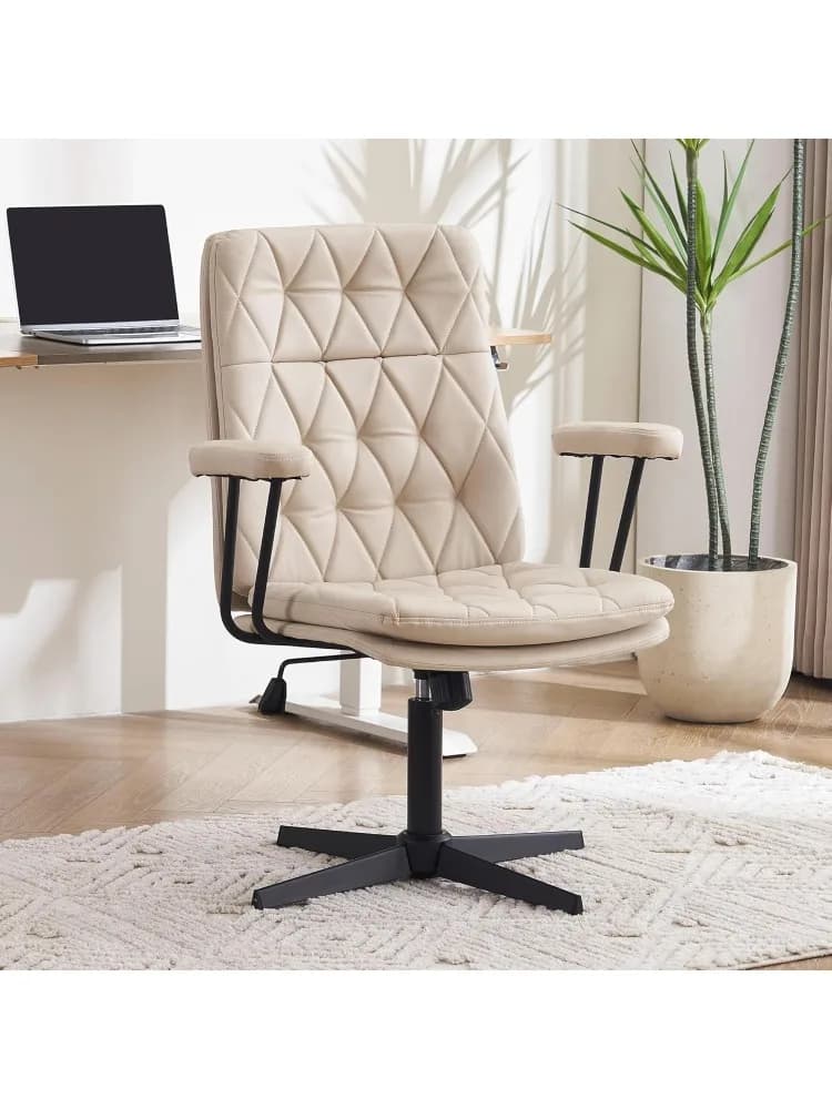 Sedia senza ruote con braccioli Crossleg stazionario ergonomico morbido cuscino home office girevole sedia da lavoro per computer crema bianco