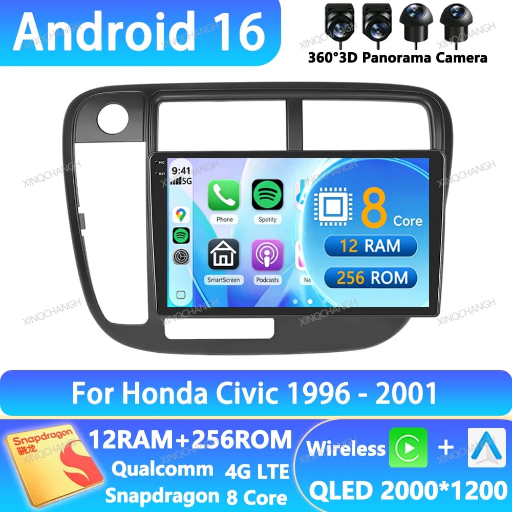 Android 16 Car Radio For Honda Civic 1996 - 2001 Multimedia Stereo Video Player 2DIN BT 4G WIFI QLED Carplay Auto GPS Head Unit