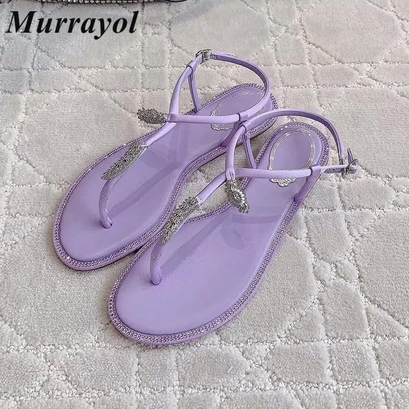 Nuovi sandali Pinch Toe Finitura satinata Tinta unita Scarpe piatte da vacanza Sandali estivi da donna con cinturino in metallo con strass