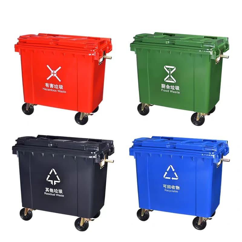 Bidone della spazzatura in plastica per esterni da 1100 litri su ruote Coperture per bidoni della spazzatura per auto all'esterno con coperchio