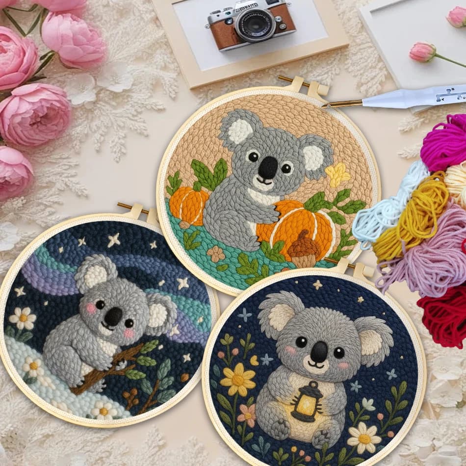 DIY Koala animals Craft Punch Needle Embroidery Kits Sewing Kit Needlework Cross Stitch for Beginner Set Home Painting Decor