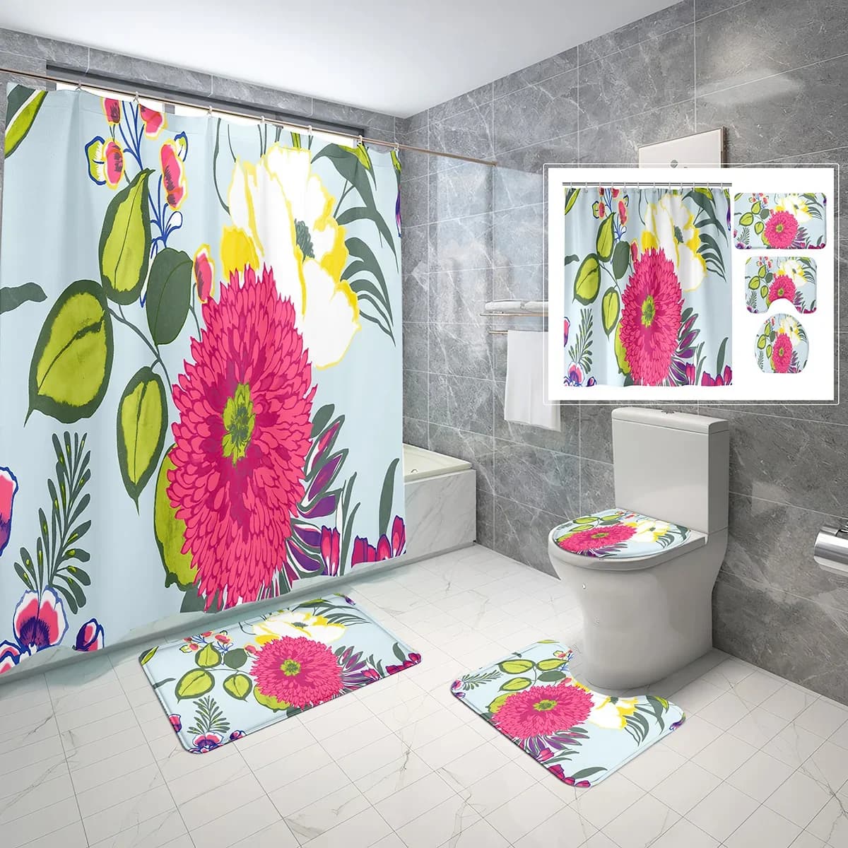 Set di tende da doccia floreali da 4 pezzi, tenda da bagno impermeabile per bagno artistico colorato creativo, set di copriwater per tappetino da bagno antiscivolo
