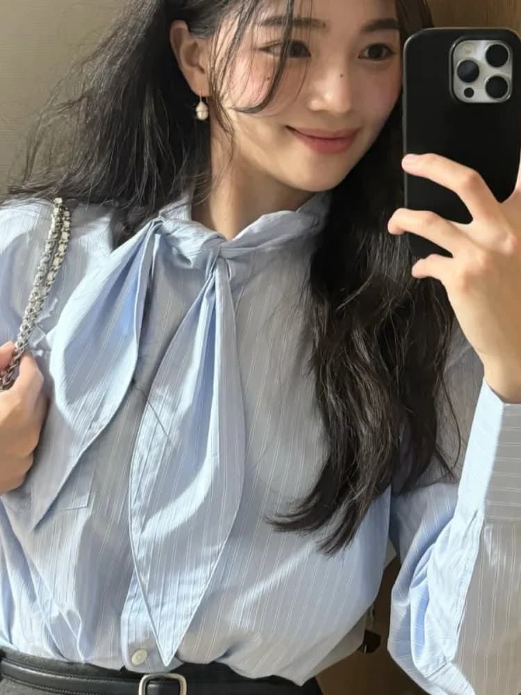 Korean Style Loose Striped Blue Tone Blouse Women's Spring New Version Casual Loose Top Fashionable Draped Shirt for Ladies