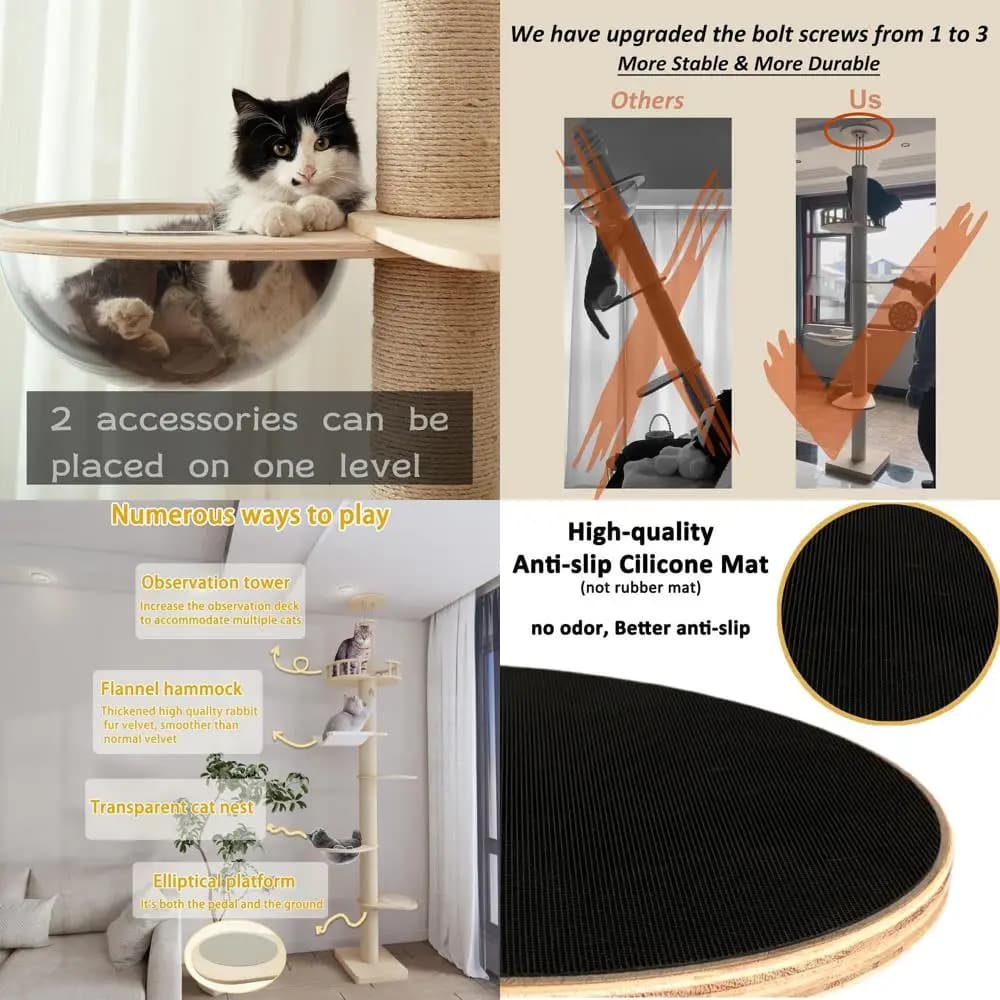 Albero per gatti regolabile alto 82-117 pollici con corda in sisal, amaca e letto a bolle per gatti di grandi dimensioni