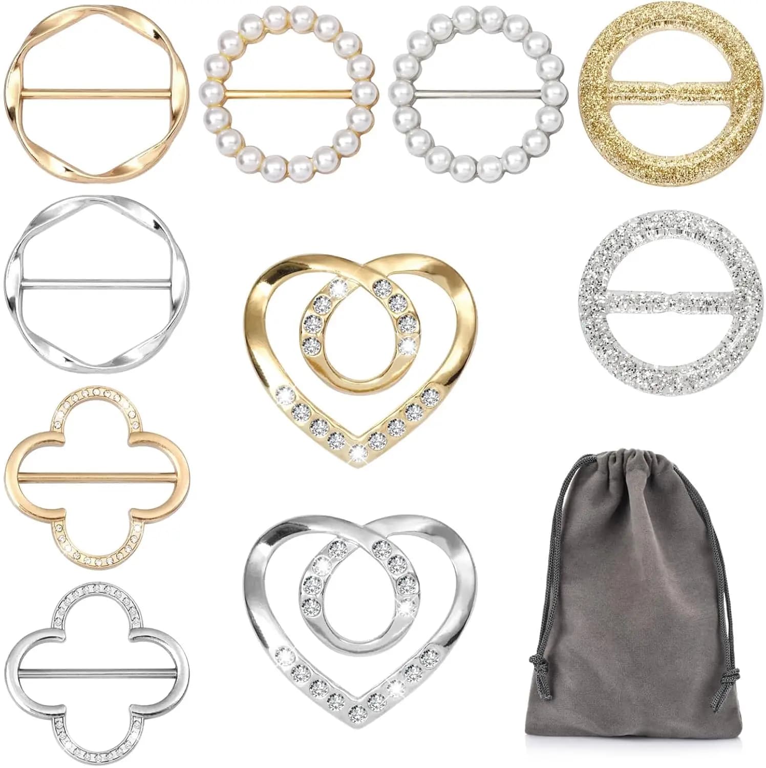 10 pezzi di anelli per sciarpe con perle e fibbie a cuore, fermagli per camicie, fermagli per abiti, decorazioni per cinture, borsa portaoggetti