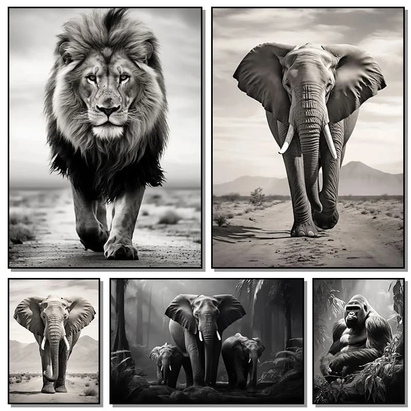 Dipinti con diamanti di leone, elefante e gorilla in bianco e nero, poster e stampe d'arte da parete, immagini di animali per il soggiorno.