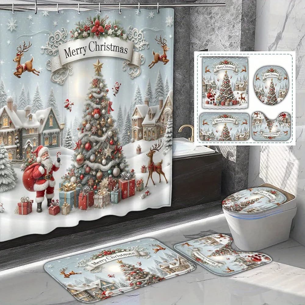 Set doccia con stampa albero regalo di Babbo Natale da 4 pezzi, 12 ganci, tappetino da bagno antiscivolo, copriwater, copri sedile a U, arredamento per il bagno delle vacanze