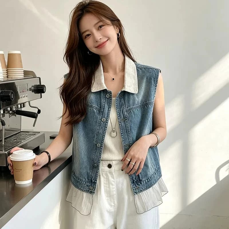 Fashion Mesh Stitching Slim Thin Short Denim Vest Women 2026 Spring Summer New Contrast Color Lapel Sleeveless Jeans Waistcoat