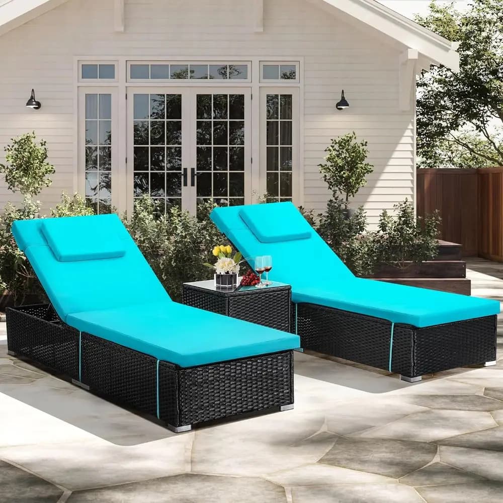 Set of 2 Pool Chairs in Light Blue Screws for All Seasons with Side Table, Adjustable Backrest and Washable Bearings