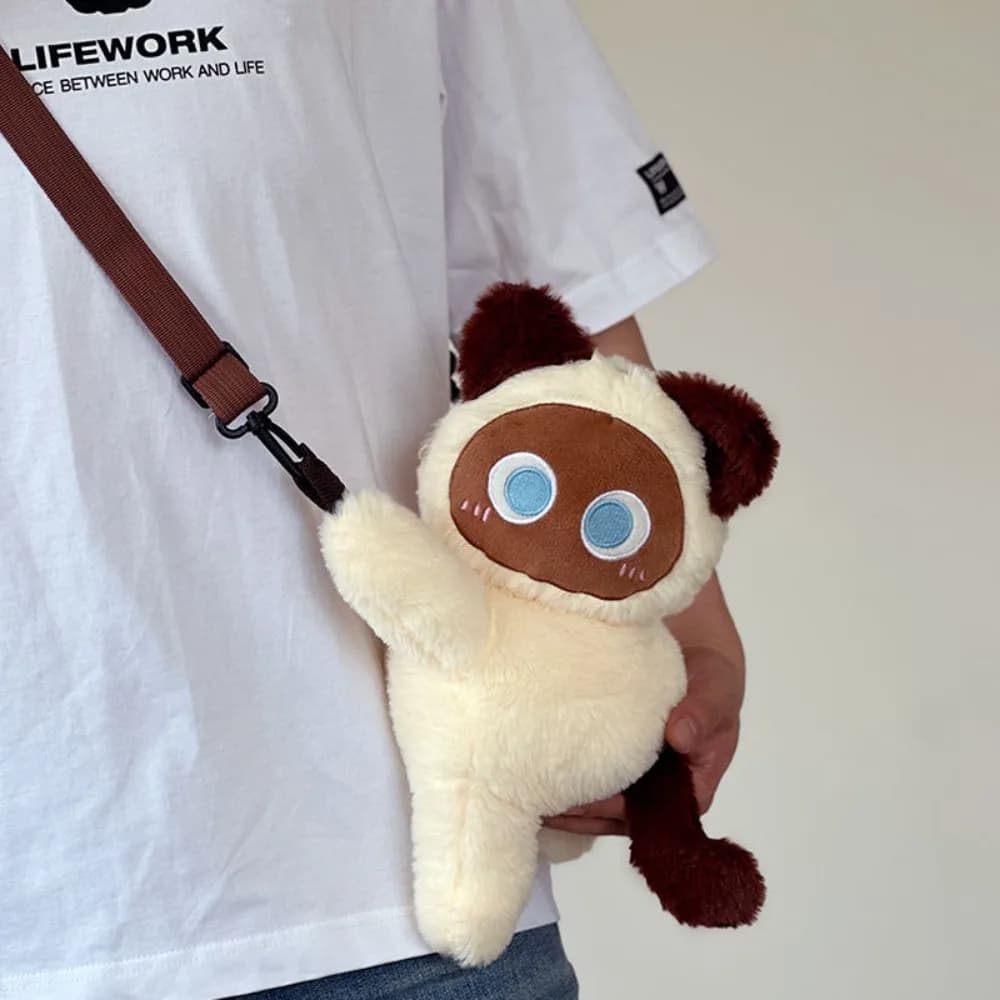 Borsa a Tracolla a Forma di Gatto Siamese Kawaii, Peluche con Tracolla Staccabile, Borsa a Tracolla Morbida e Leggera per Ragazze