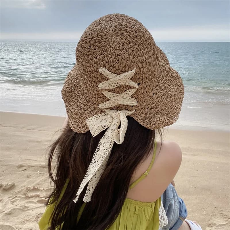 Cappello di paglia da donna con fiocco in pizzo, lavorato all'uncinetto, cappello estivo parasole, pieghevole, alla moda, da spiaggia