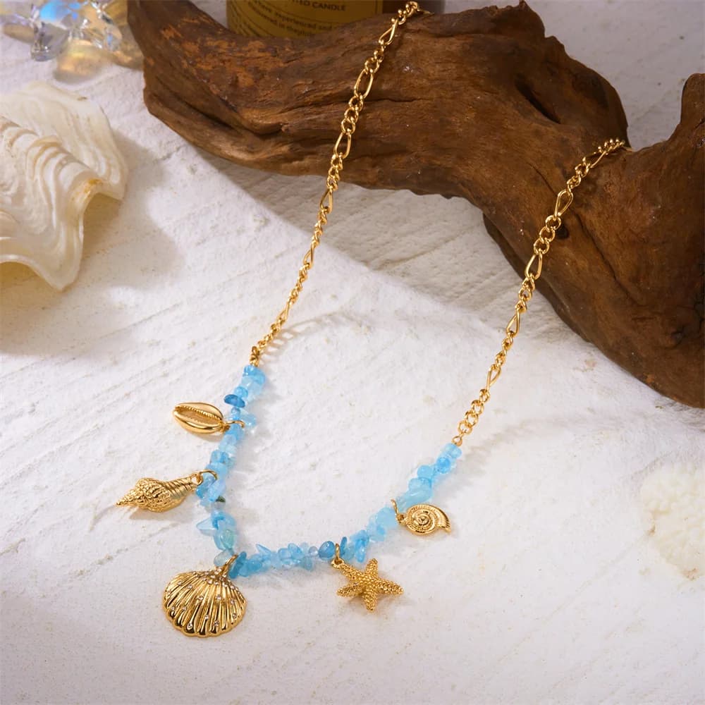 Summer Light Blue Shell Starfish Conch Pendant Necklace for Women Vacation Style Lock bone Chain Jewelry Accessory