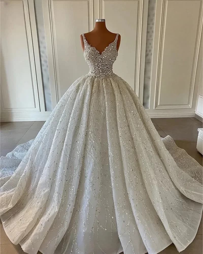 Personalizzato Splendide Paillettes Appliques Cristalli Scintillanti Scollo a V Abito da Sposa Abiti da Sposa Formali Robe Abiti da Sposa