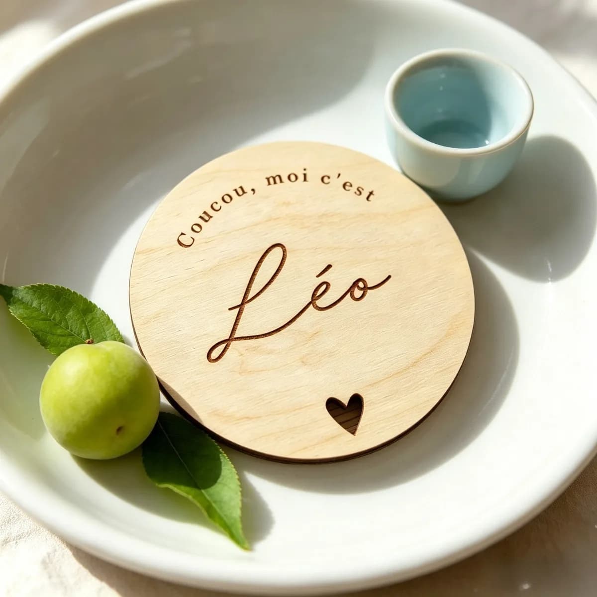 Custom Round Wooden Name Plaque, Laser Engraved Text & Name, Hollow Heart Cutout, Baby Birth Announcement Sign, Newborn Photo Pr
