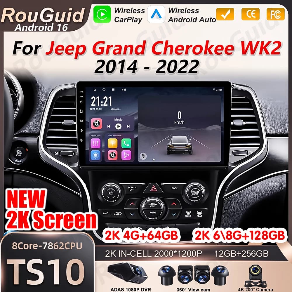 Autoradio Android 16 for Jeep Grand Cherokee WK2 2014-2022 with Carplay, Multimedia Reader Video, Stereo BT and Screen