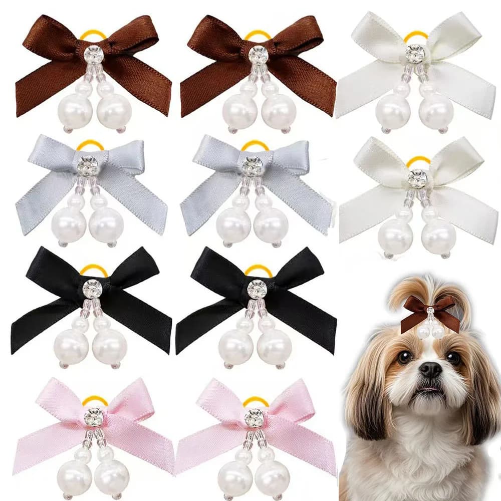 5/10 Pezzi Nuovi Fiocchi per Cuccioli con Diamanti, Fiocchi per Cani con Elastici, Fiocchi per Capelli di Cani con Perle, Accessori per la Toelettatura di Animali Domestici, Fiocchetti per Cani