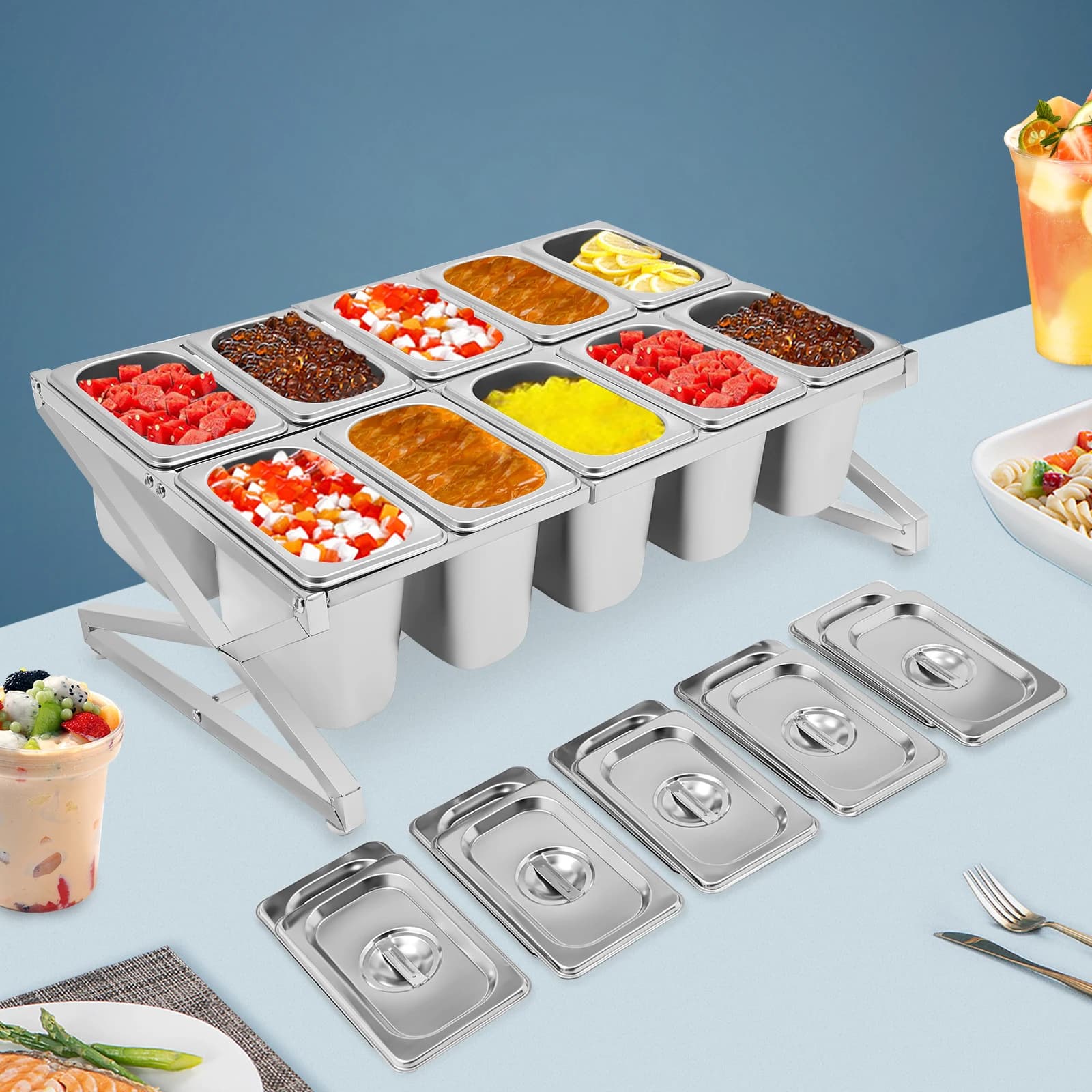 Set portaspezie espandibile inclinato Portaspezie da 10 vaschette Portacondimenti da appoggio Contenitore per ingredienti da cucina in acciaio inossidabile