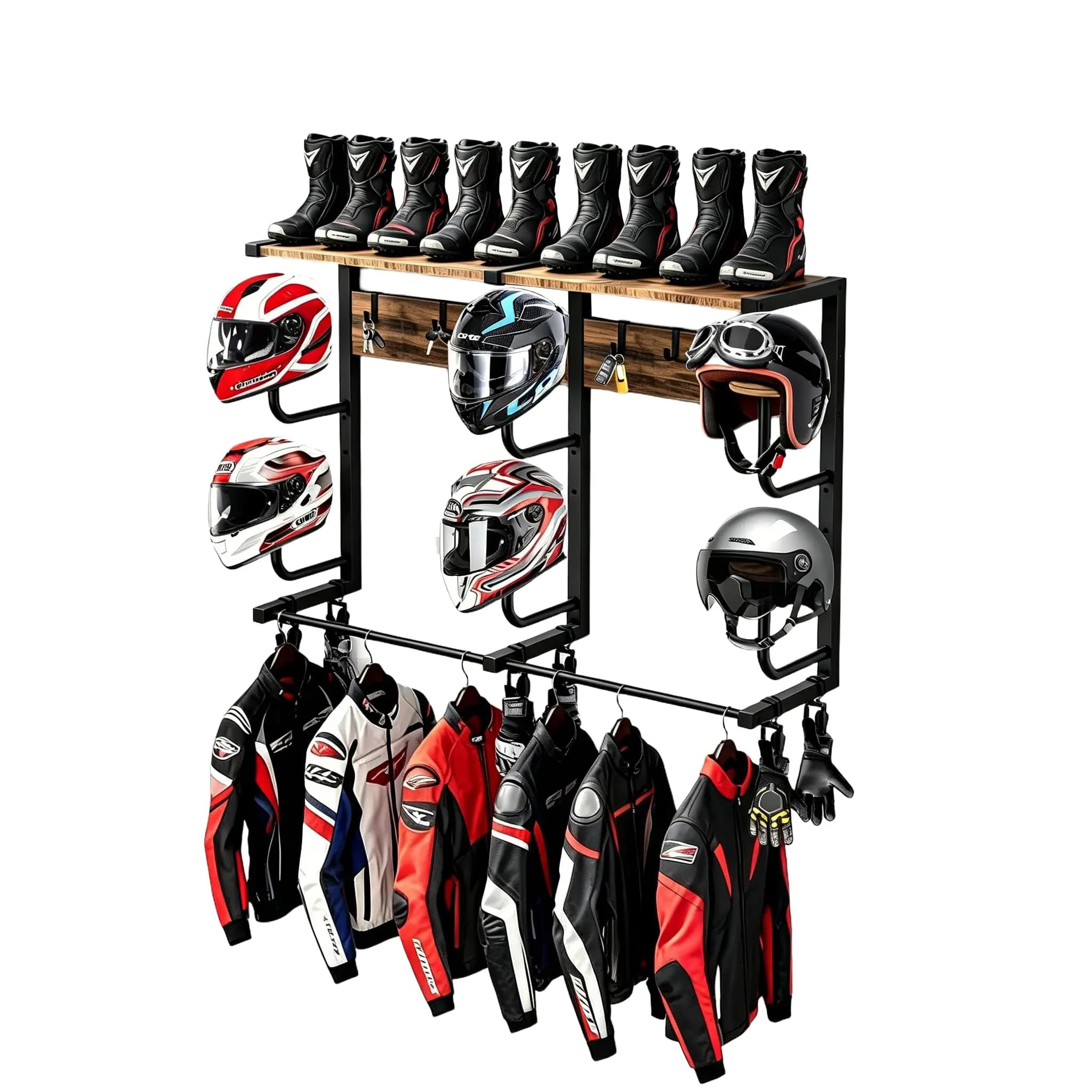 Organizzatore da parete per attrezzatura da moto con 6 ganci per casco, porta giacche e mensola porta stivali per garage o deposito interno