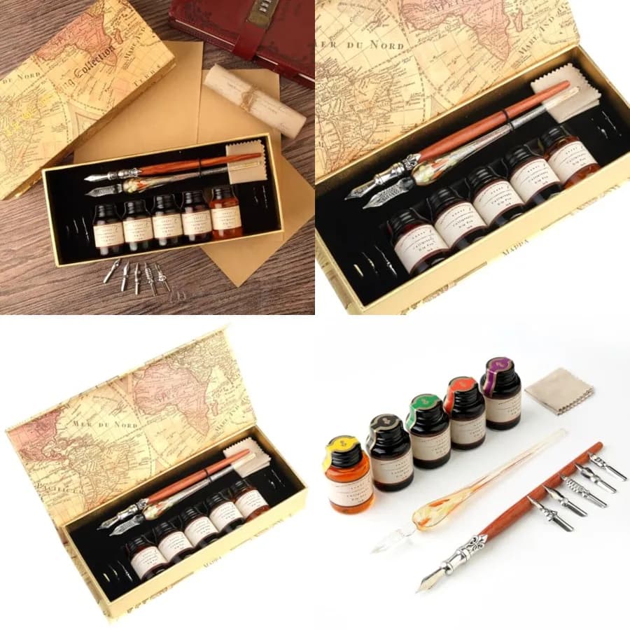 MU-02 Calligraphy Pen Set, Glass Dip Pen and Handcrafted Wooden Dip Pen Gift Set with 5 Colors Calligraphy Ink 6 Nibs, Calligra