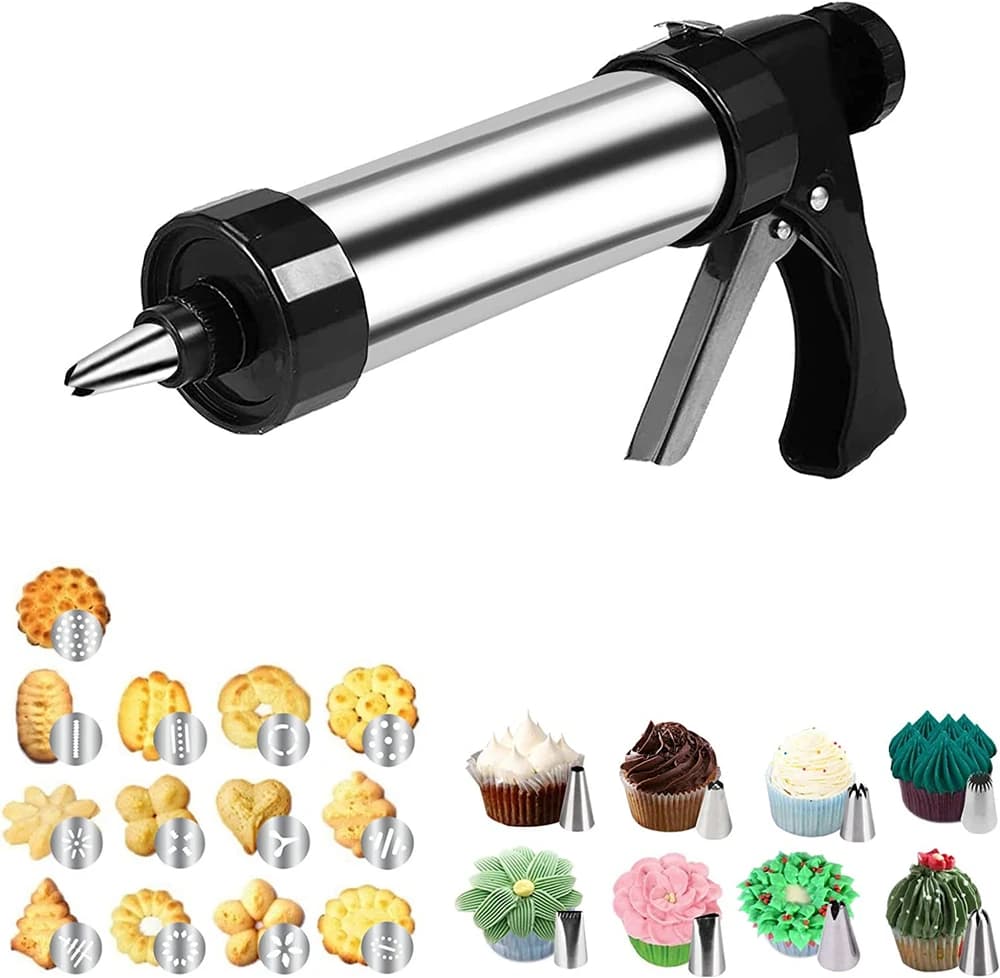 LMETJMA Kit pressa per biscotti Set di pistole per biscotti con 13 stampi per pressa per biscotti e 8 ugelli per tubazioni per pasticceria Set per decorare torte KC0225