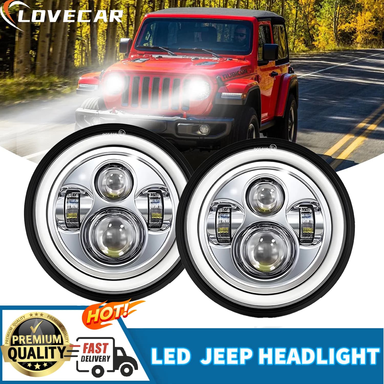 7 Inch LED Light DRL Angle Eyes Off Road 4x4 Jeep Wrangler JK for Harley Headlight High and Low Beam Motorcycle Lamp