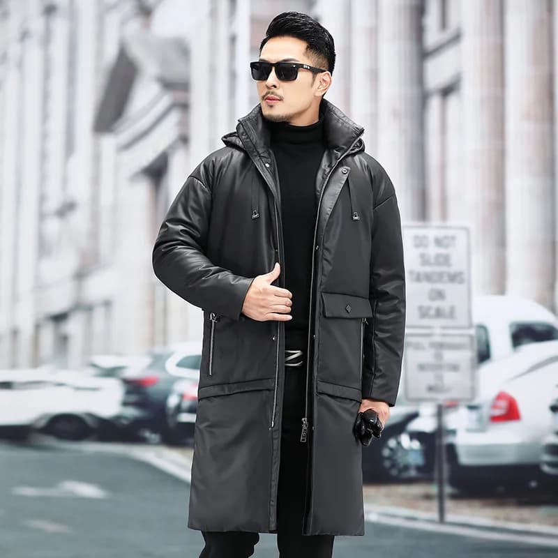 Piumino da uomo in pelle di grandi dimensioni, caldo e spesso, con cappuccio, giacca da lavoro in pelle di pecora, capispalla lungo per l'inverno