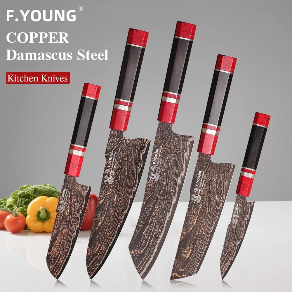 F.YOUNG Japanese cook knife 37 layers Veri tricolor copper Damascus steel Professional kitchen knives Slicing Mannaia
