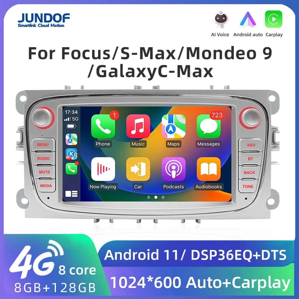 JUNDOF 2din Android Auto 7 "autoradio RDS Stereo 4G lettore Video multimediale per Ford Focus mk2 Mondeo C-MAX S-MAX Galaxy II Kuga