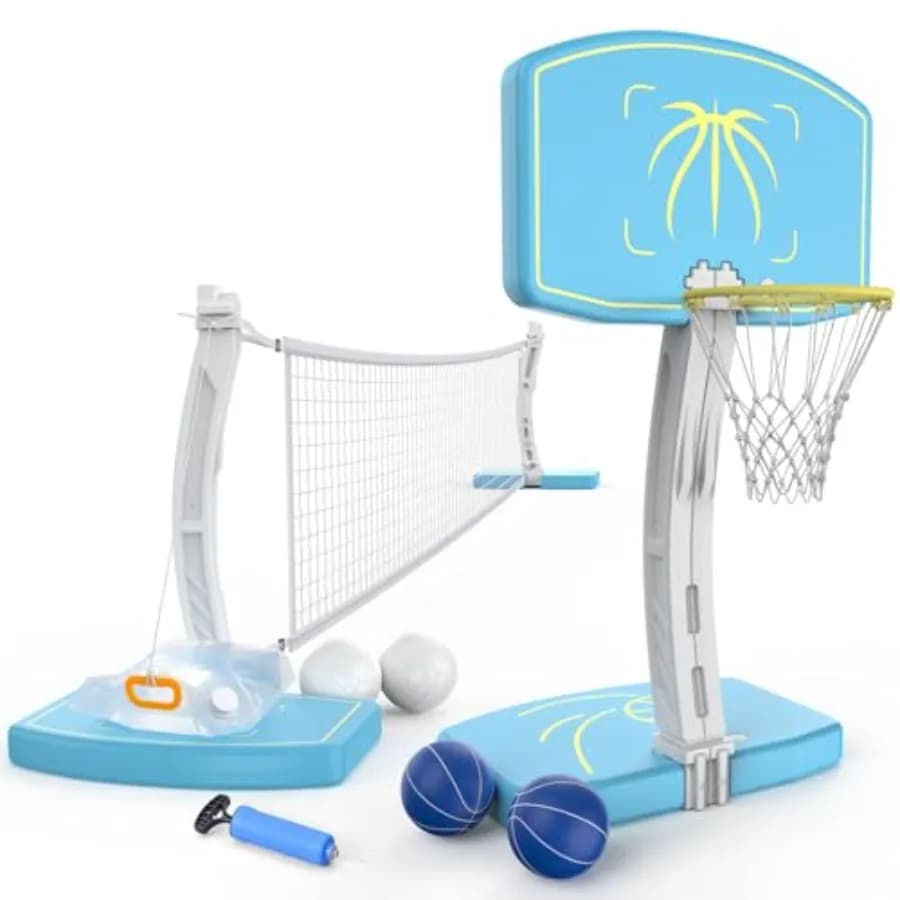 Set 2-in-1 per basket in piscina e rete da pallavolo per feste estive: canestro in acciaio inossidabile, rete bianca regolabile, resistente alla ruggine, ea