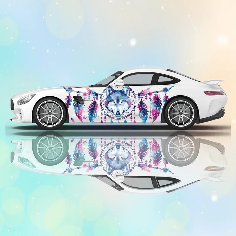 Blue Wolf Dreamcatcher Feather Car Side Sticker Decoration Protection,Waterproof Self-adhesive Decal Auto Accessories Wrap Cover