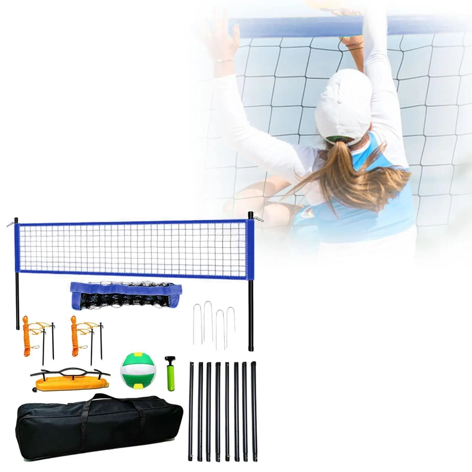 Set Rete da Pallavolo Portatile con Pallone Morbido, Palo Regolabile in Altezza e Bordo Rinforzato per Parco, Giardino e Prato