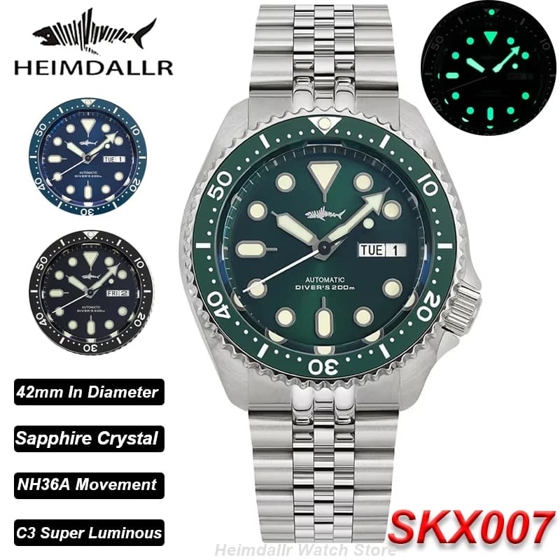 HEIMDALLR SKX007 Men's Watch NH36 Automatic Mechanical 316L Sapphire Glass C3 Super Bright 200M Waterproof Underwater Wrist Watch