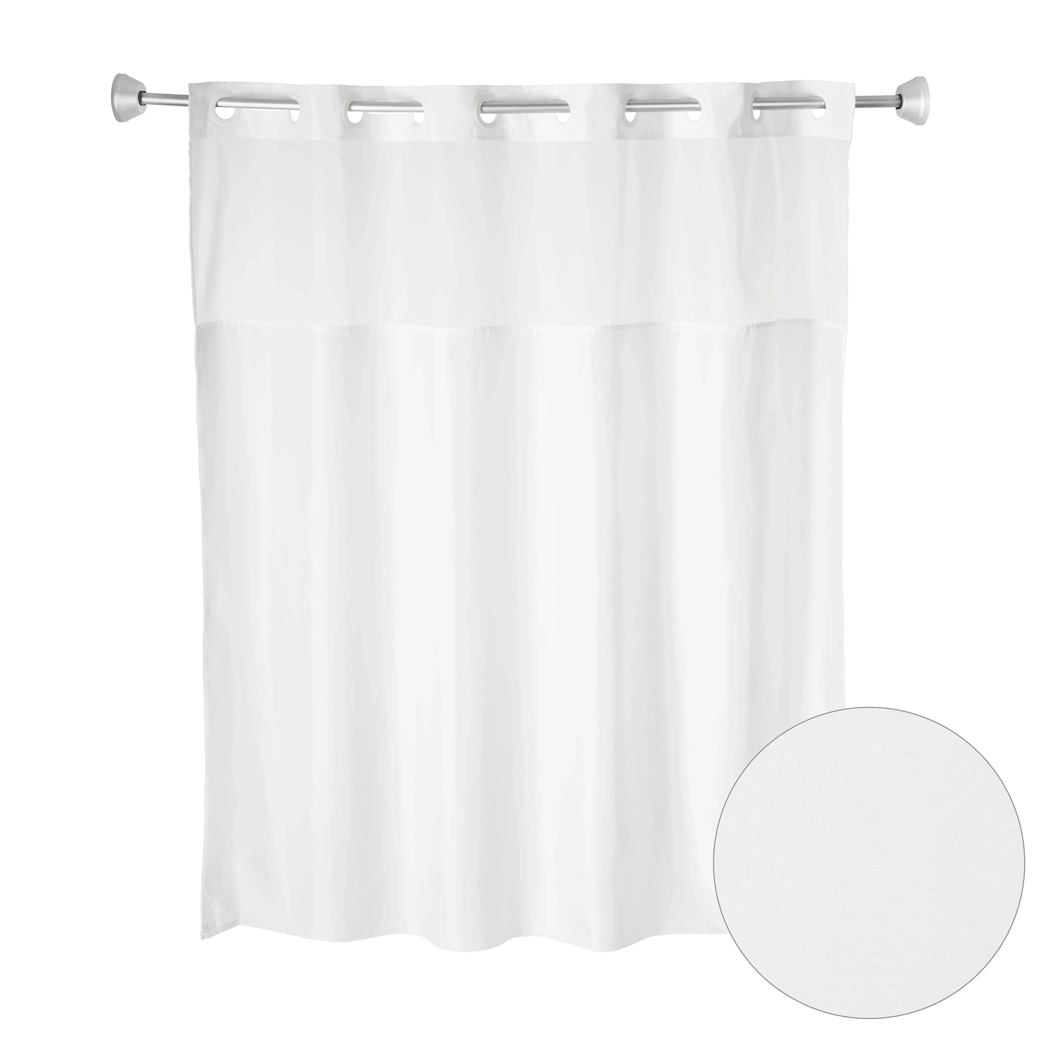 Plainweave shower curtain with window and snap-in liner measuring 71 inches by 77 inches