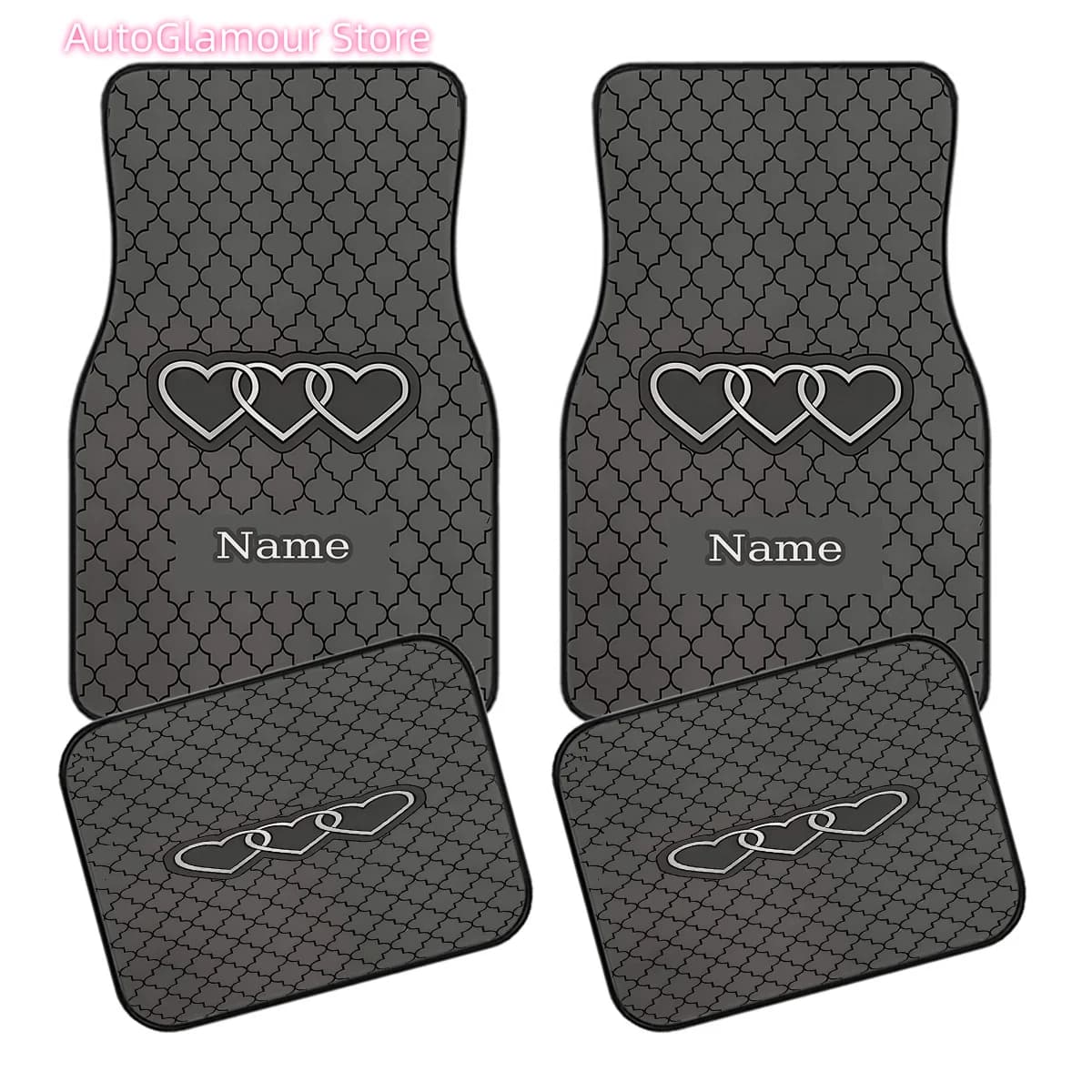 Set di quattro tappetini personalizzabili per auto con nome personalizzato e design a tre cuori - Realizzati in poliestere resistente