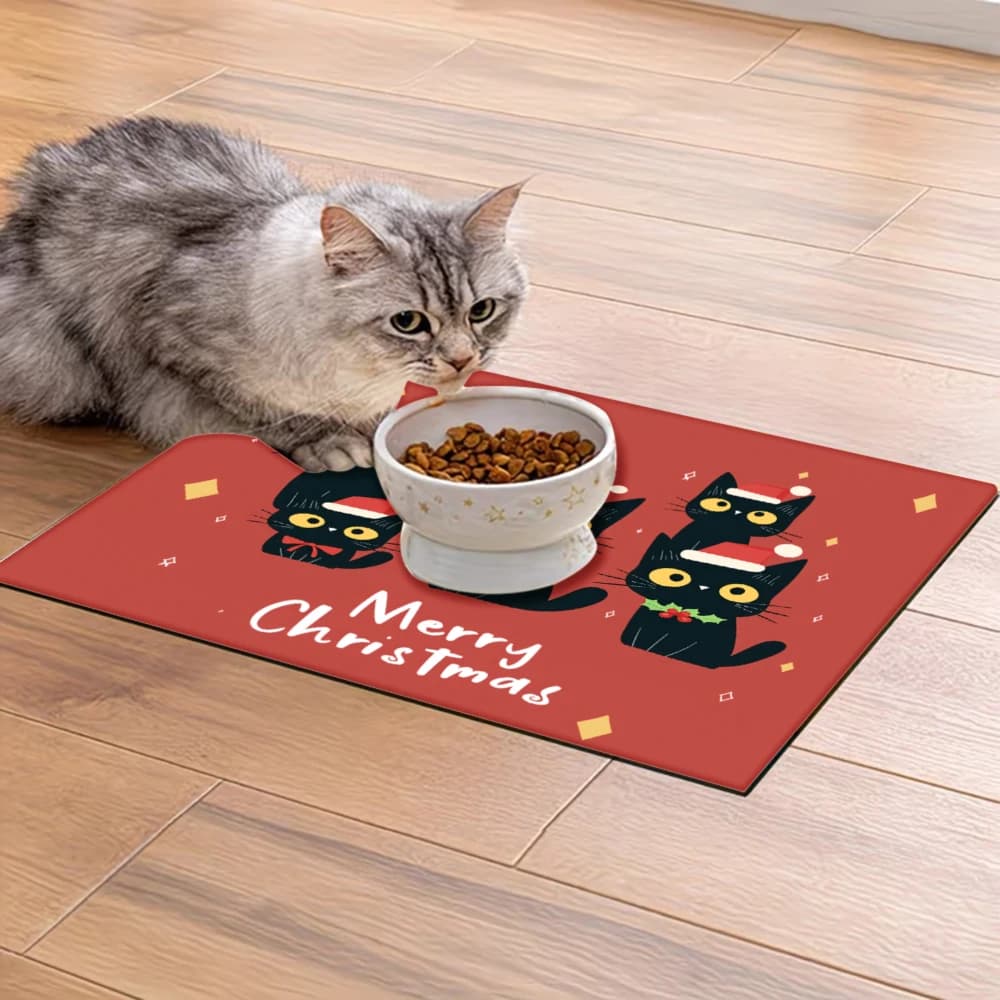 Tappetini neri natalizi per gatti, tappetino antiscivolo per l'alimentazione degli animali domestici, tappetini antispruzzo e antiscivolo per cani e gatti