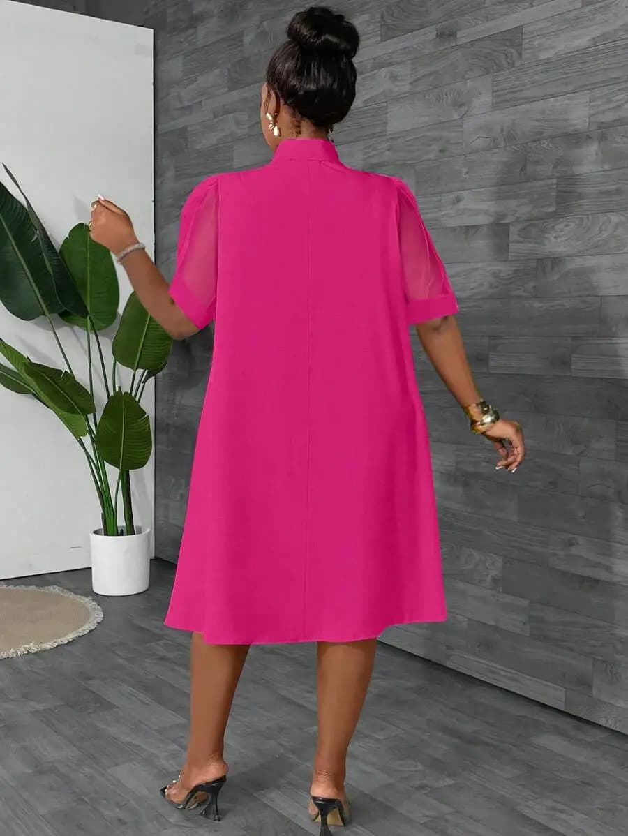 Maweii Plus Size Women Loose Tulle Splice Bow Decor Vacation Dress, Spring/Summer Pink Plus Size Business Professional Hot Pink