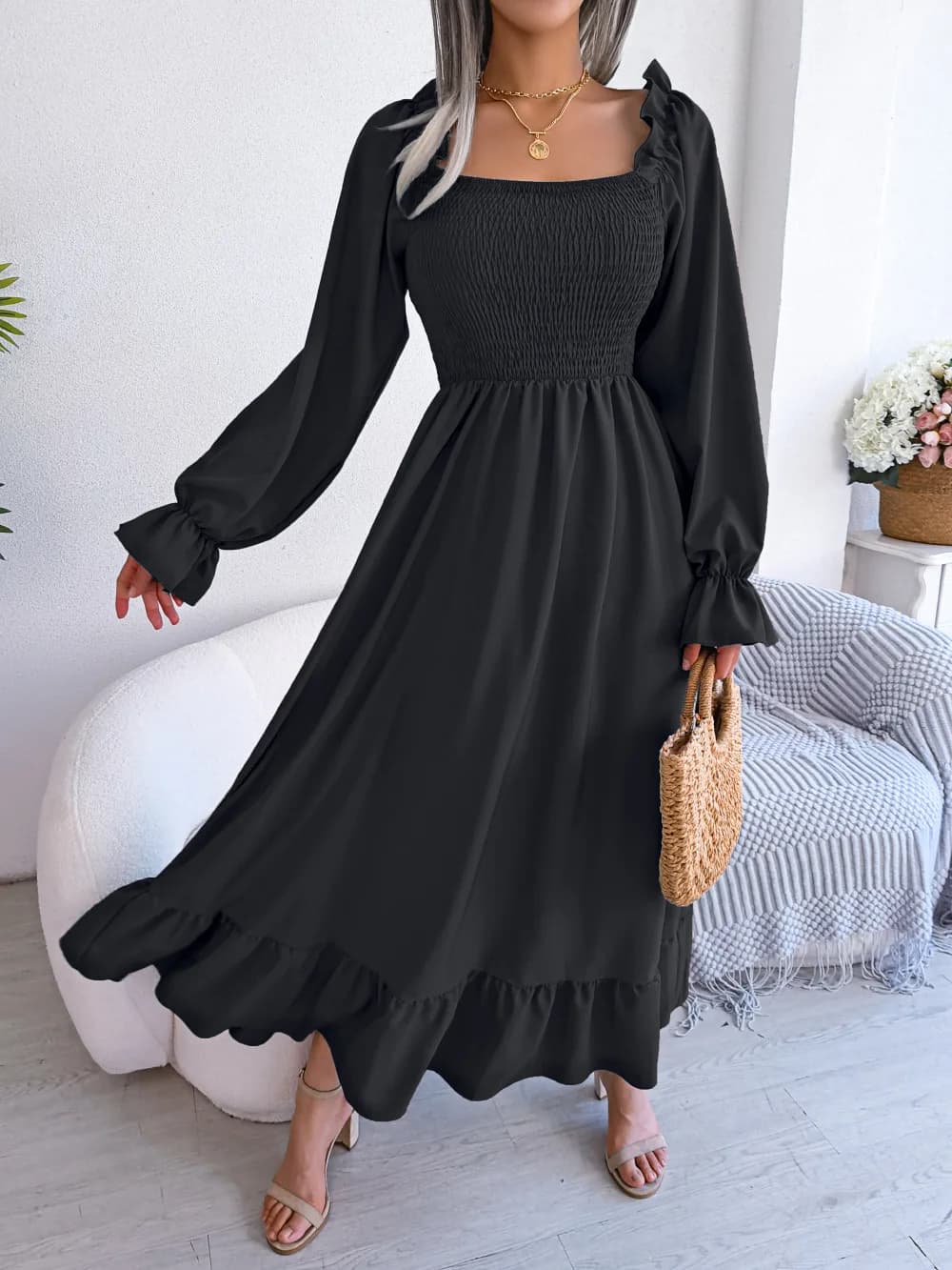 ITOOLIN Women Maxi Dress 2026 Casual Square Collar Long Sleeve Ruffled Dresses Elegant Evening Dress Spring Vestidos