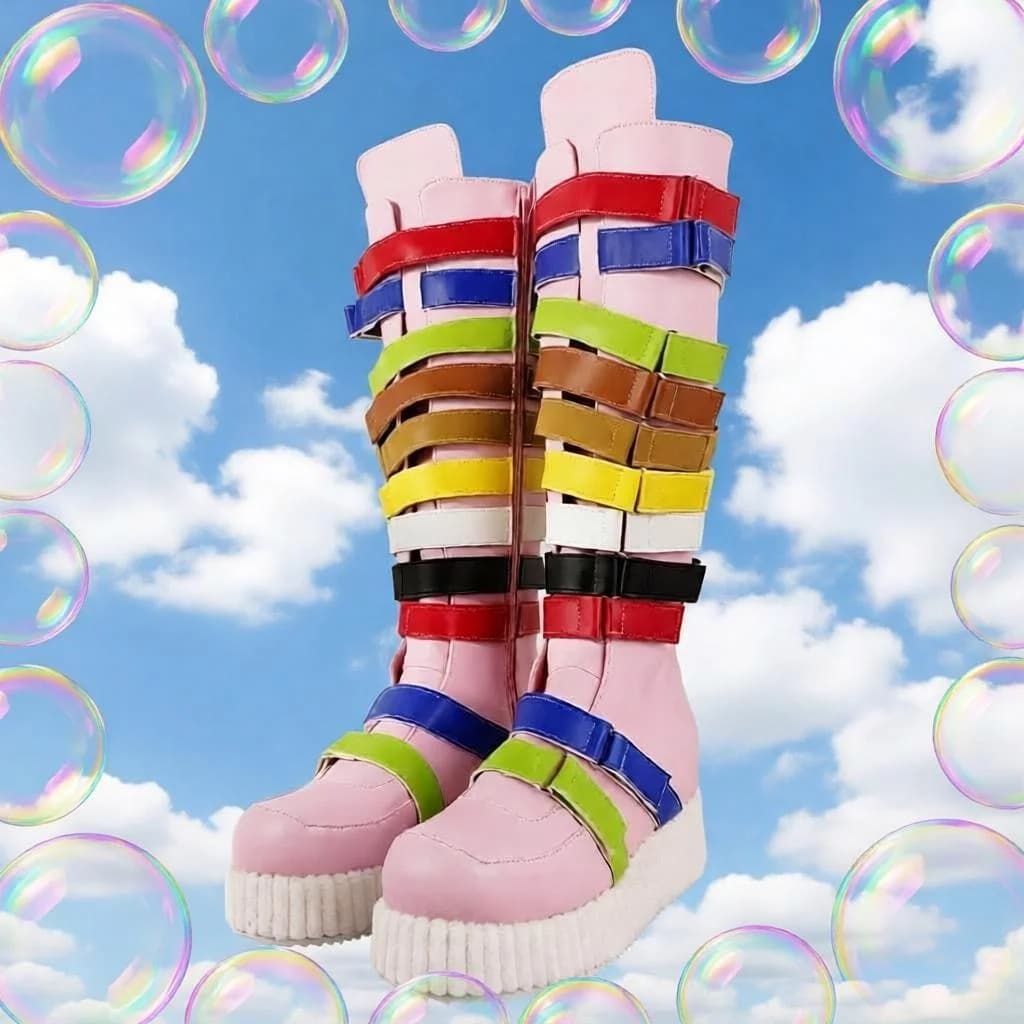 Women Y2K Pink Knee High Boots Rainbow Multicolor Velcro Straps White Creeper Sole Platform Booties Side Zipper Street Shoes