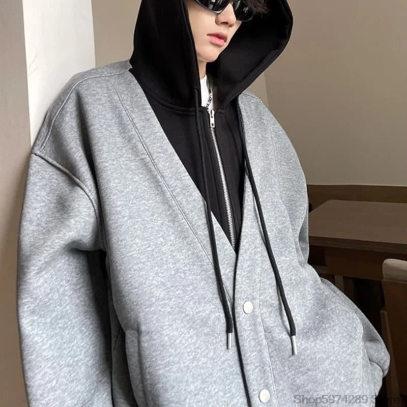 Giacche con cappuccio da uomo finte in due pezzi con cerniera Cappotto con cappuccio allentato casual da uomo Nuove giacche da uomo Capispalla autunnale Abbigliamento alla moda coreano