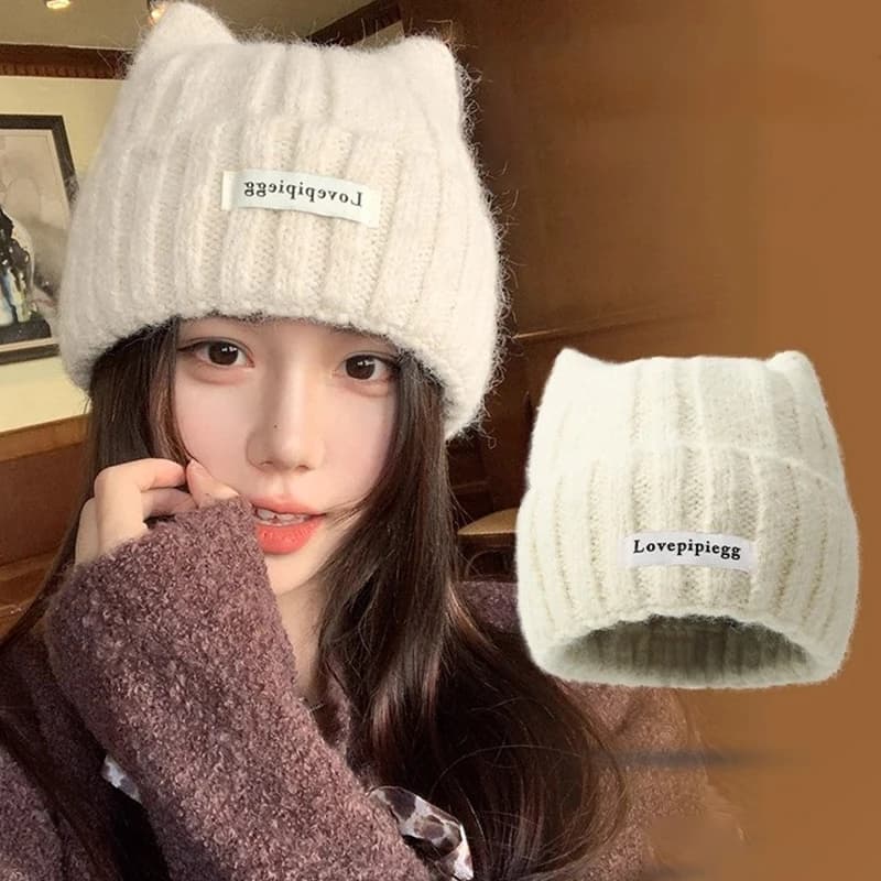 Berretti lavorati a maglia con orecchie di gatto 1PC, graziosi cappelli di lana caldi invernali per le donne, copricapo di moda in stile coreano